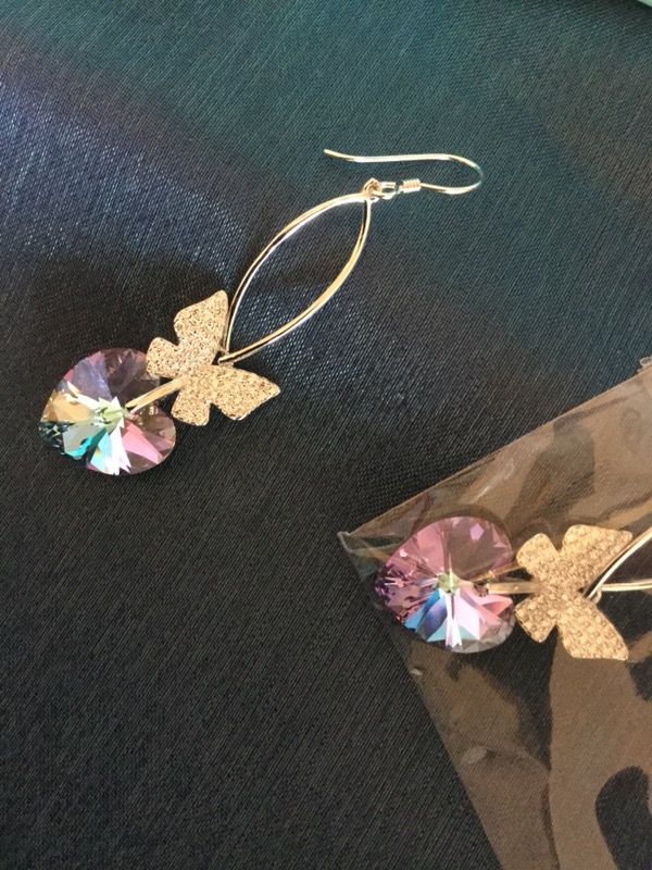 Amethyst Crystal Heart with Sterling Silver CZ Butterflies 🦋 Beautiful long earrings Swarovski Purple Crystals 💜