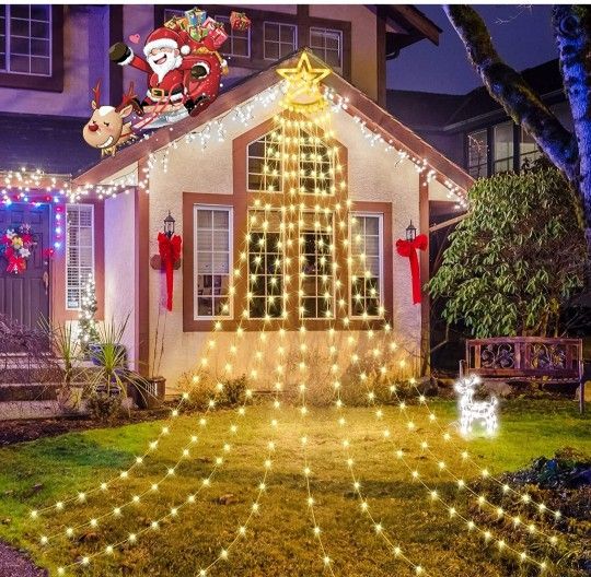 Aialun Outdoor Christmas Decorations Star Lights, 344 LED 11.5FT Tree Waterfall Waterproof Light with Star Topper, 8 Modes Memory Plug in Yard Light D