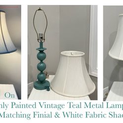 Freshly Painted Vintage Teal Metal Lamp with Matching Finial & White Fabric Shade