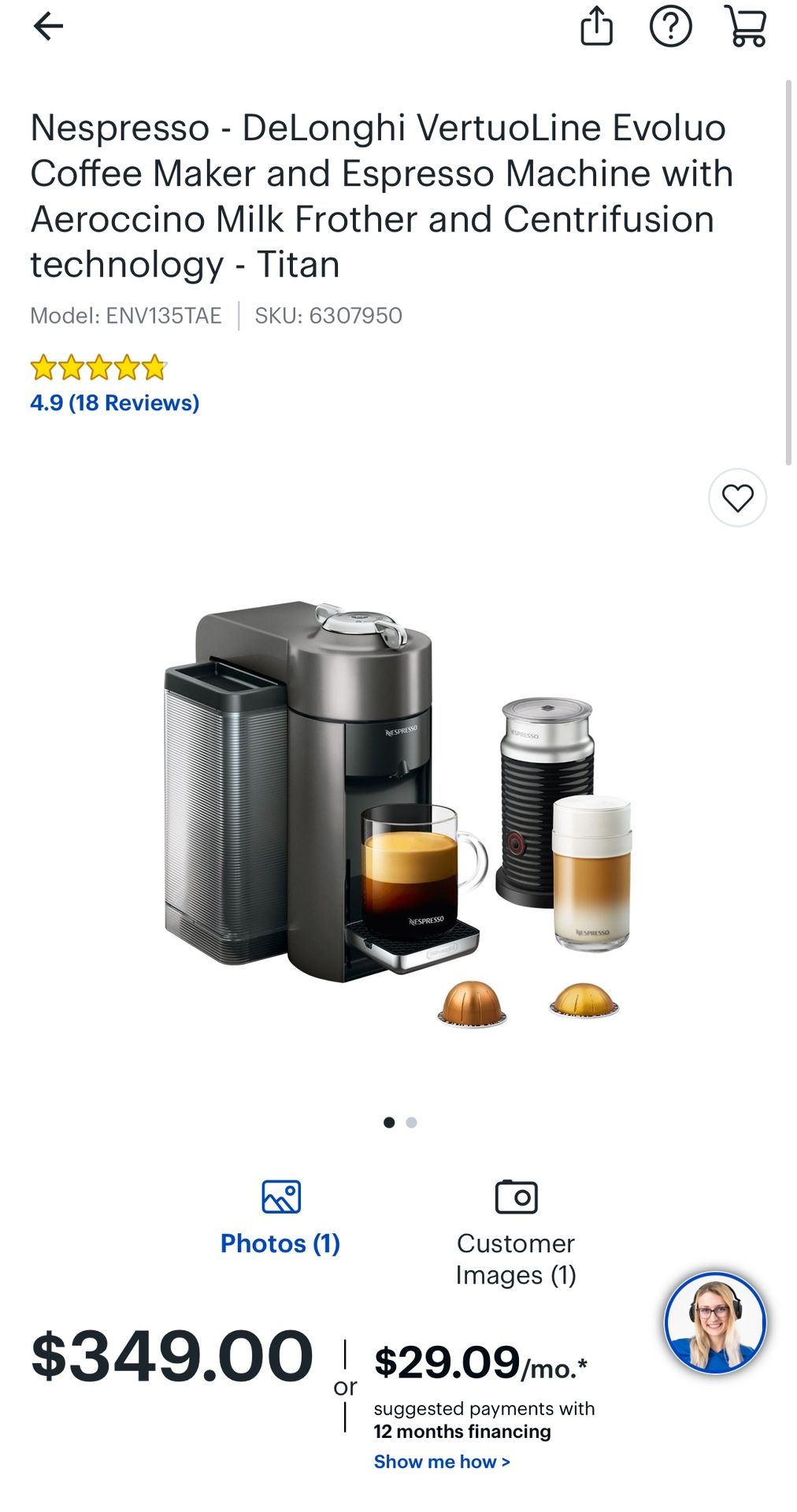 Nespresso - DeLonghi VertuoLine Evoluo Coffee Maker and Espresso Machine with Aeroccino Milk Frother and Centrifusion technology - Titan