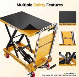 Hydraulic Lift Table Cart, 330 lb Foldable Scissor Lift, Yellow Lift Cart With 28.5" Lifting Height, Non-Slip Pad, PU Brake Wheels, Foldable Handle &