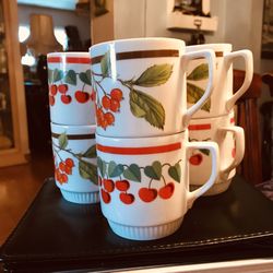 (6) Stackable Mugs Royal Dux Bohemia Czechoslovakia  2 Different Styles  Of Cherries