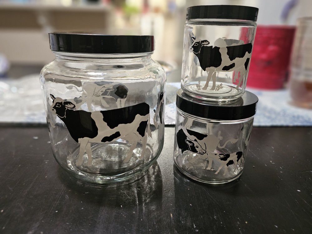 FINAL SALE! Vintage Glass canister set With Original Lids Cow Pattern