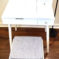 COASTAL STYLE 3 In 1 MAKE-UP VANITY, BEDSIDE TABLE, COMPUTER TABLE WITH CUSHION SEAT WHITE AND GRAY, 2 DRAWERS AND GLASS DECOR FIXTURES