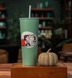 Green Plastic Tumbler w/ Straw, Drink-Through Lid, Peanuts Snoopy Lucy -
