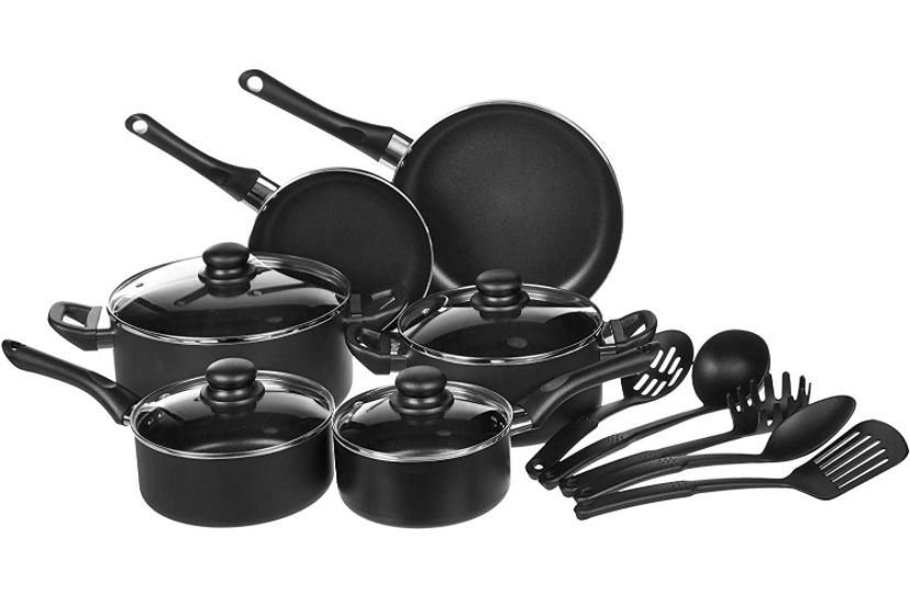 Amazon Basics Non-Stick Cookware Set, Pots, Pans and Utensils 15-Piece Set #2205