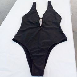 Large Black Plunge Neck / V-Neck One-Piece Swimsuit / Swimwear / Bathing Suit with Keyhole Front, Adjustable Shoulder Straps, 82% Nylon, 18% Spandex