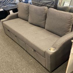 Gray convertible sleeper sofa pullout bed w/ cup holders