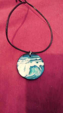 Handpainted wood ocean wave pendant necklace
