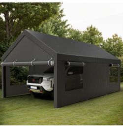 Carport 10' x 20' Heavy Duty Portable Garage, Carport Canopy with Side-Opening Door & Roll-Up Windows, Car Canopy for Truck,Car,Grey