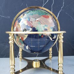 Collectible Gemstone World Globe ~20" Tall With Tripod Gold Tone Stand ~19"DI