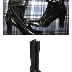 Black leather heeled boots