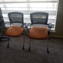 Pair Of Rolling Office Chairs Tan Seat Black Mesh Aback 