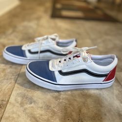 Vans low top blue/white/ red laces up shoes. 6 Youth unisex. Never worn!