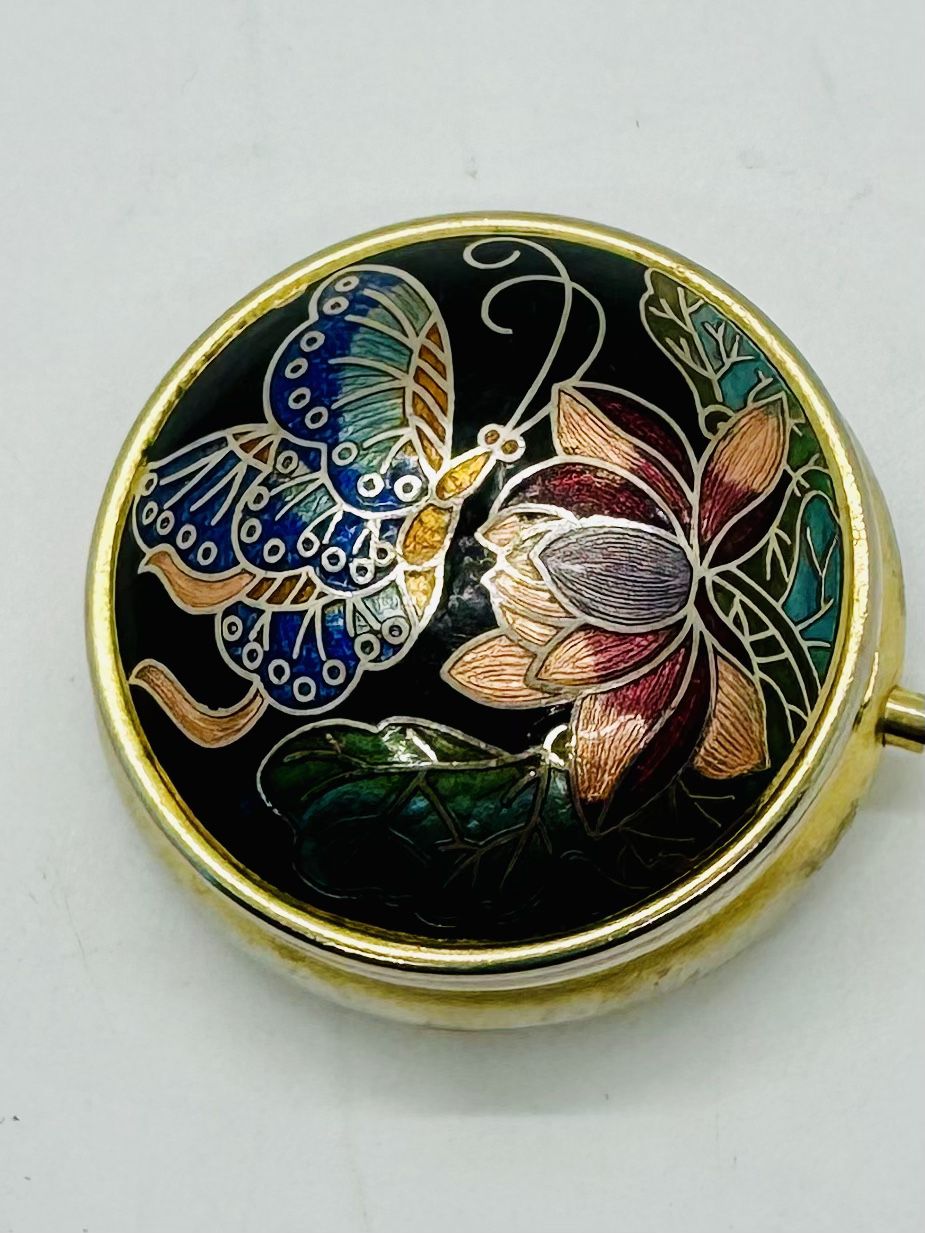 Vintage Japanese Metal Pill Box Cloisonne Guilloche Enamel With Butterfly & Floral Design.