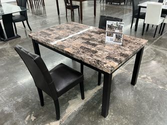 Marble Top Dining Table with Dark Legs Upholstered cushions