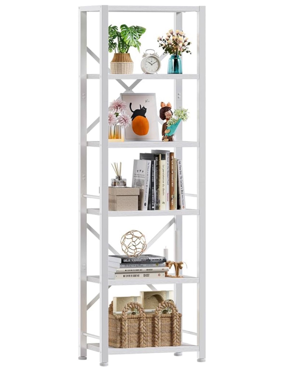 White Tall Bookshelf, Bookcase with 6 Shelves, Modern Freestanding Shelf Units, Metal and Wood Display Storage Corner Rack Organizer