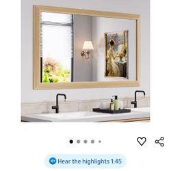 Bathroom Mirror for Wall, Oak Wood Grain Metal Framed Mirror, Anti-Rust, Hang Horizontally/Vertically, Suitable for Bedroom, Farmhouse, Bathroom, Deco