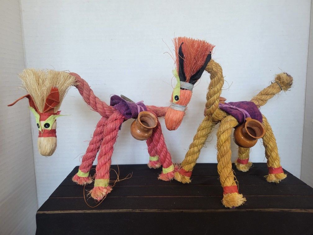 Vintage Pair Of Handmade Folk Art Rope Donkeys Carrying Clay Pots