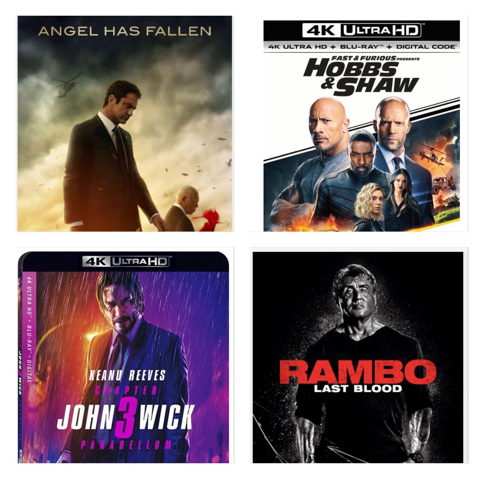 The Badass Bundle - Four 4K Movies - Digital Copy Codes of John Wick 3, Rambo, Angel Fallen, Hobbs -Shaw