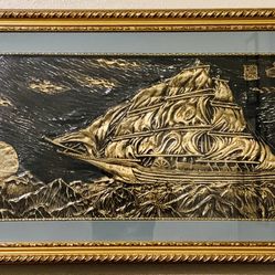 Glass Brass Ship Sculpture Frame - Antique Art Wall Piece