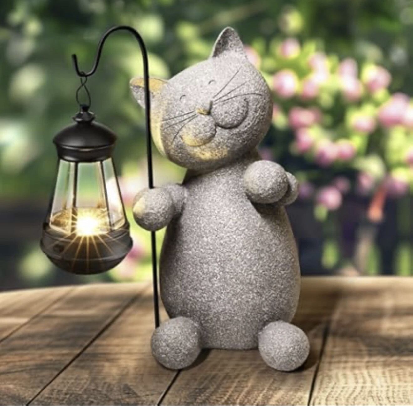 XL Solar Garden Outdoor Statue Cute Resin Cat Figurine Solar Lantern Garden Deco