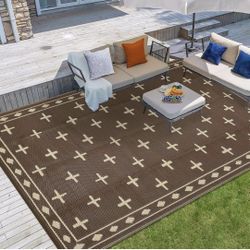 Large 9x18 Outdoor Area Rug, Waterproof Plastic Straw Mat with Framed Geometric Design for RV Awning, Patio, Deck, Garden, Camping, Beach and Backyard