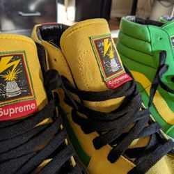 Supreme x Vans x Bad Brains Limited Edition Sk8-Hi's. Both Pairs: Yellow/Red And Green/Black Bundle. Sz 11