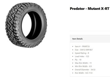  35x12.50R18 LT Predator Mutant X-RT  – 10 Ply Off Road Truck Tire – $299.99 Each