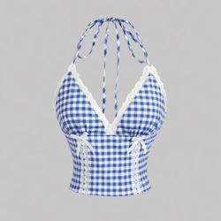 Blue & White Gingham Halter Top - Size: XS