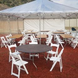 20x30 clear tent, tables, chairs, tablecloths, artificial grass