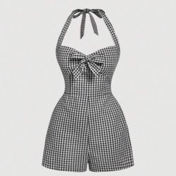 Women's cute black and white plaid halter neck tie jump suit size small