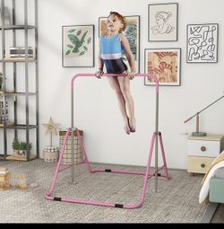 Folding Gymnastics Bar for Kids, Adjustable Height, Bubble Gum Pink