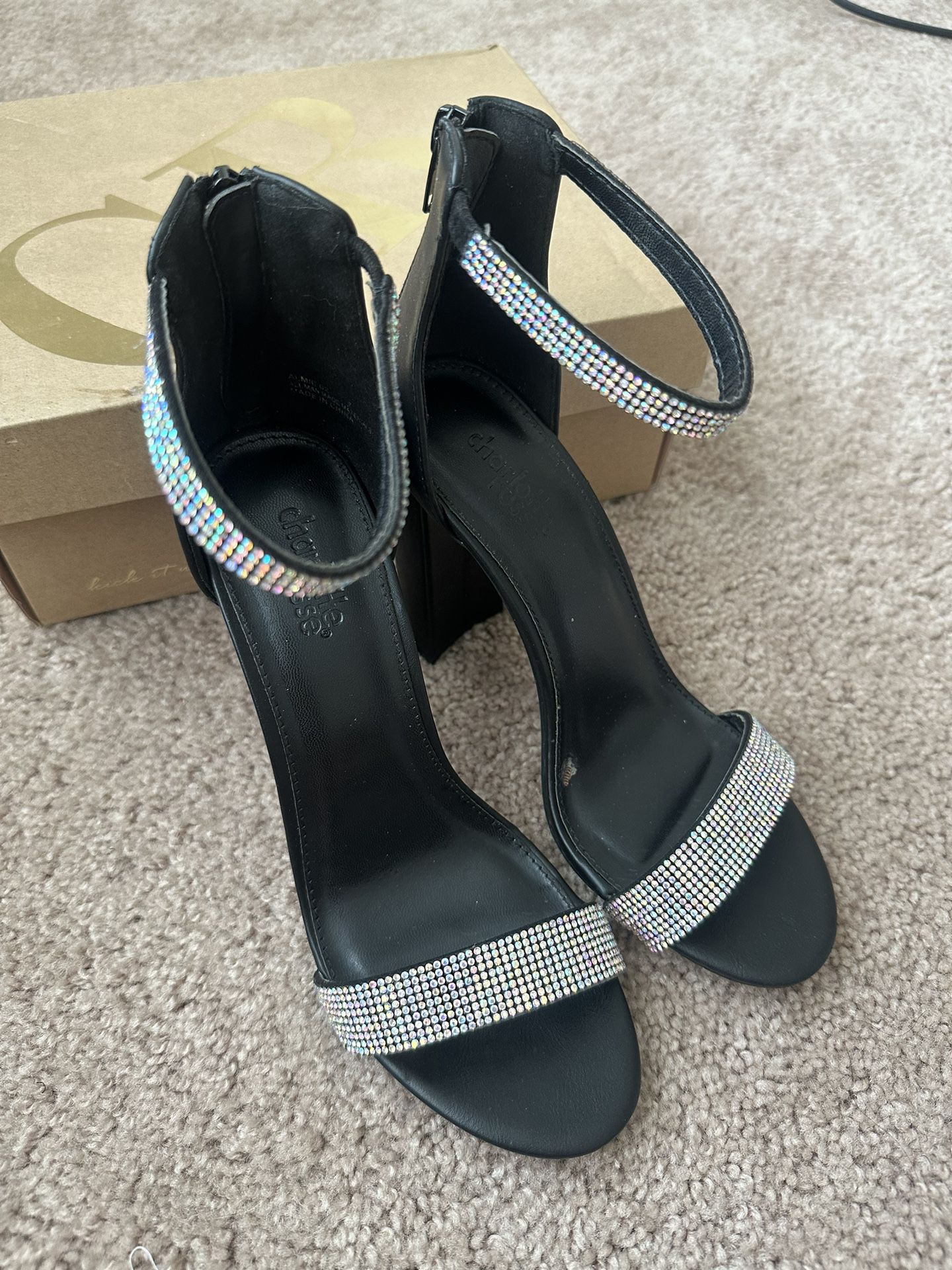 Charlotte Russe RHINESTONE Dress SANDALS Ankle STRAP, 4” Heel, Silver/Black 7M