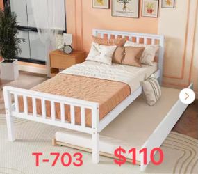 （T-703）White Wood Frame Twin Size Platform Bed with Trundle, Headboard and Footboard