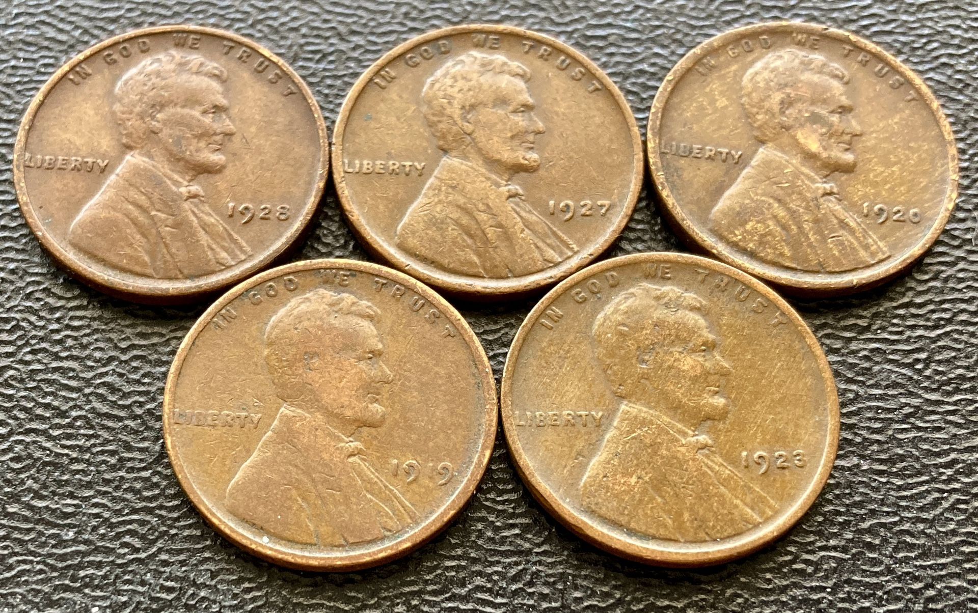 Five (5) Antique 1919 Through 1920s Wheat Cents US Coins Pennies Penny