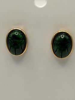Vintage Green Scarab And Gold Post Earrings
