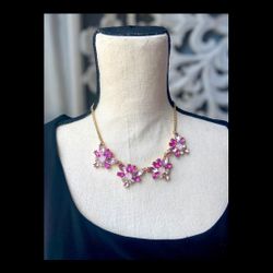 Vintage Rhinestone Necklace Floral Pink Crystal Statement Jewelry 18"