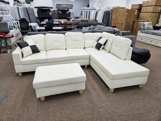 New in box white faux leather sectional storage ottoman pillows