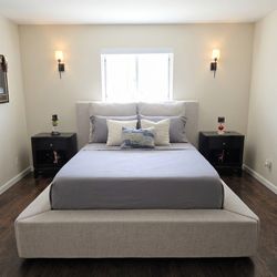 Gently Used Queen Bedroom Furniture w/ Upholstered Bed +Ashley Furniture Warrant y