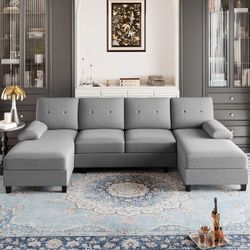 New 106”Modular Living Room Sofa, U Shaped Sofa with Double Chaise, 4 Seater Living Room Furniture Sets with Soft Cushion and Linen Fabric, Light Gray