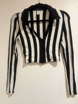 Referee Costume top - One By One Black & White Striped Zip Polo Top