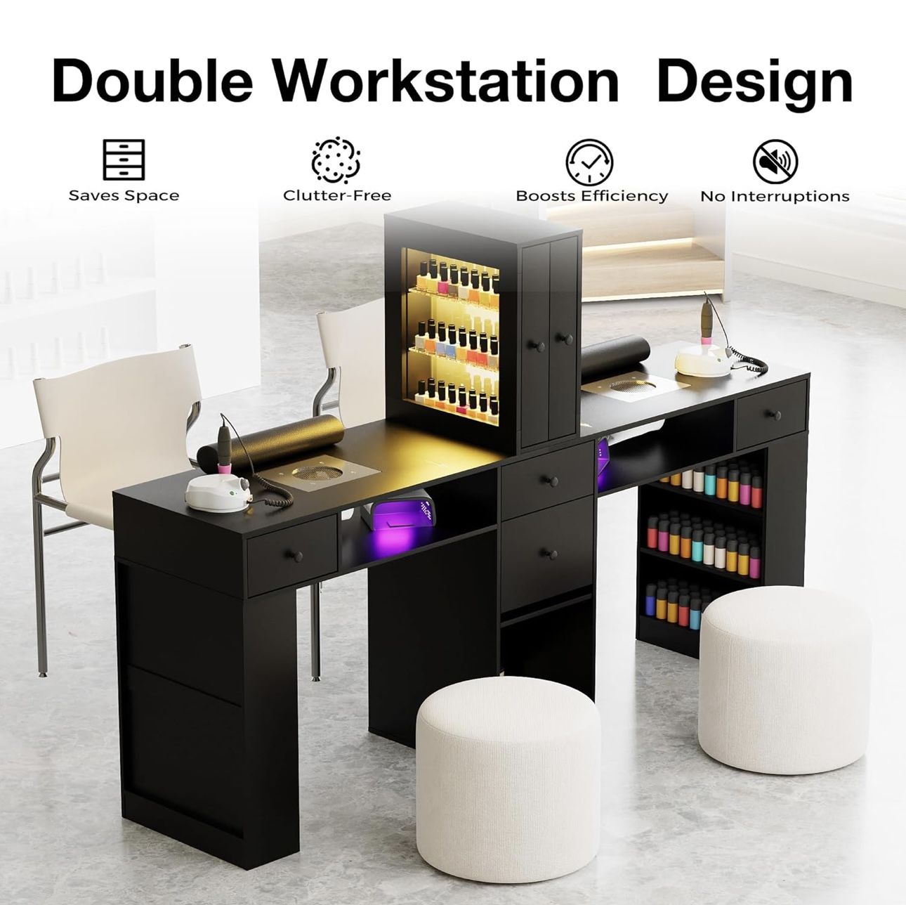 Double Manicure Table for Nail Tech w/LED Light Display Cabinet,Black