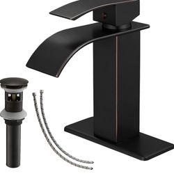 Oil Rubbed Bronze Bathroom Faucet, Bronze Waterfall Bathroom Faucet, Single Hole Bathroom Faucet, Single Handle Modern Lavatory Vanity with Pop Up Dra