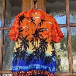 VHO Hawaiian Shirt Mens L Orange Black Palms Button Up Short Sleeve
