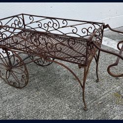 Vintage Rusted Wrought Iron Flower Cart Plant Stand