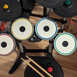 Xbox 360 Rock Band Drums, Triple Cymbals, Two Microphones, and Two Guitars
