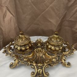 Antique Beautiful Victorian 1800's Brass Bronze Inkwell Stand