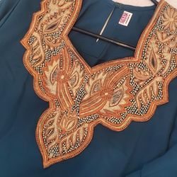 Blue Dark folwar embroidery salwa Robe, Pant & scarf Full Set New Buddha Style 