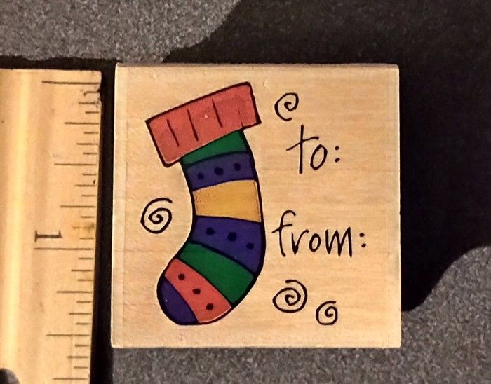 Christmas Stocking Sock Gift Tag Greeting Wood Mounted Rubber Stamp Art Vintage Collectible A-1